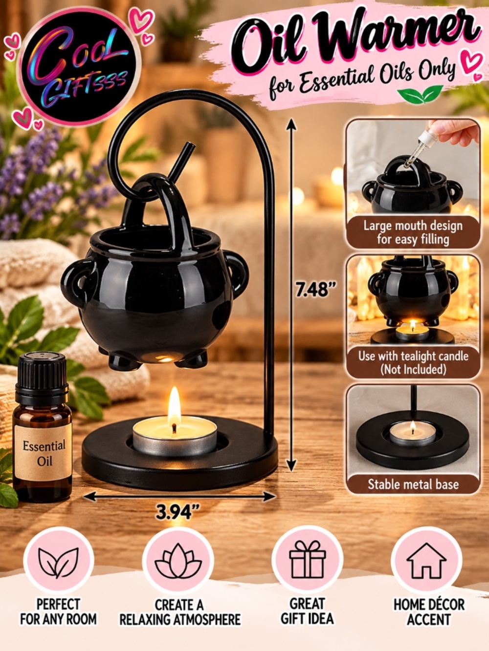 Black Cauldron Essential Oil Warmer | Hanging Ceramic Aroma Burner | Tealight Oi